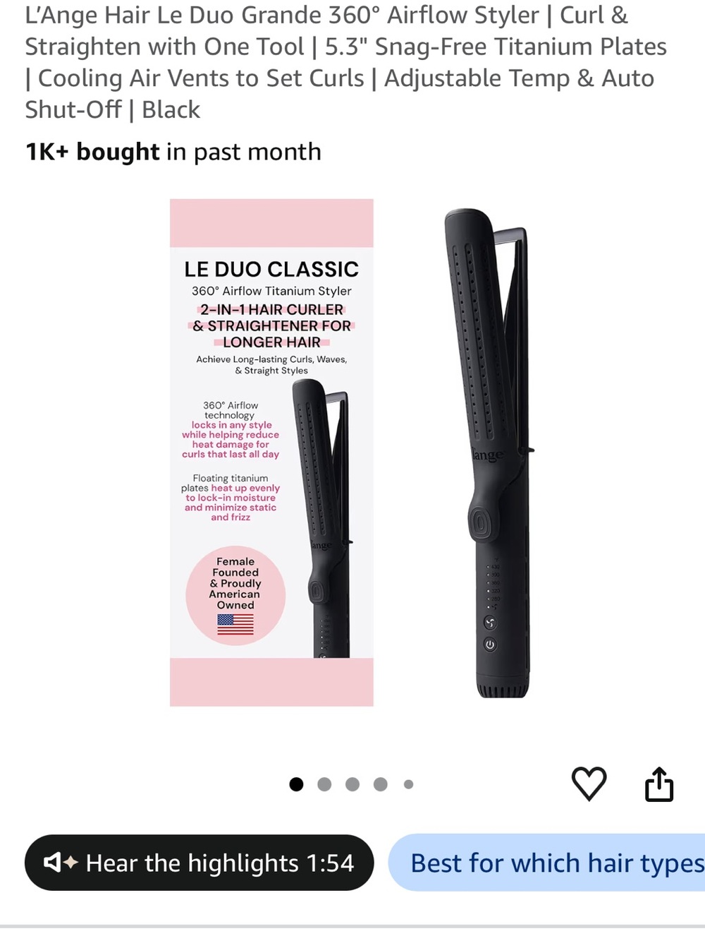 L'Ange Black 2-in-1 Hair Curler & Straightener